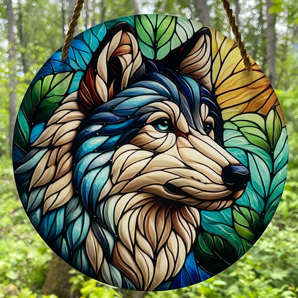 Suncatcher Acrylic Wolf Canine Round Faux Stained Glass Wildlife Husky Decor New